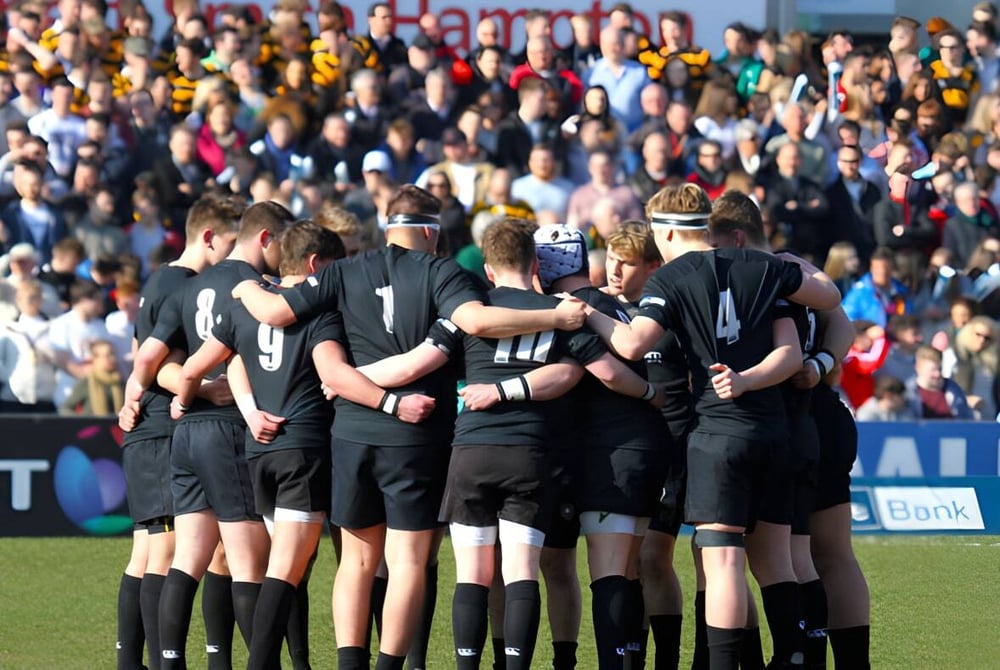 Eine Gruppe von Fußballspielern des Campbell College steht gemeinsam auf dem Spielfeld vor einer großen Zuschauermenge.
