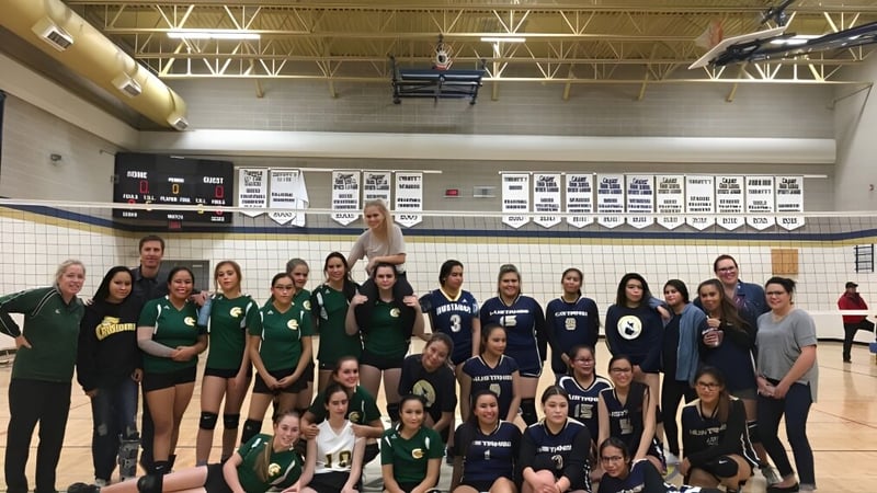 Eine Gruppe Schülerinnen der Canmore Collegiate High School posiert im Sportkleidung in der Turnhalle vor Sportgeräten und Bannern.