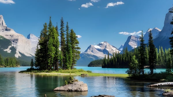 Ein ruhiger alpiner See mit schneebedeckten Bergen und immergrünen Wäldern ist vor der Canterbury High School zu sehen.