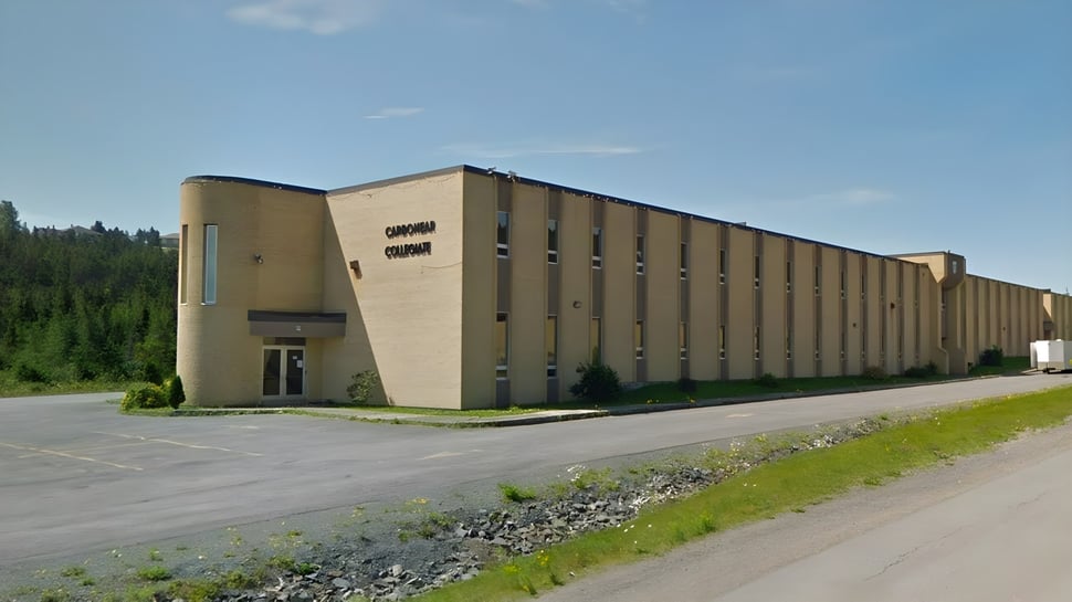 Das große rechteckige Industriegebäude auf dem Gelände der Carbonear Collegiate High School ist von einer Grasfläche und Bäumen umgeben.