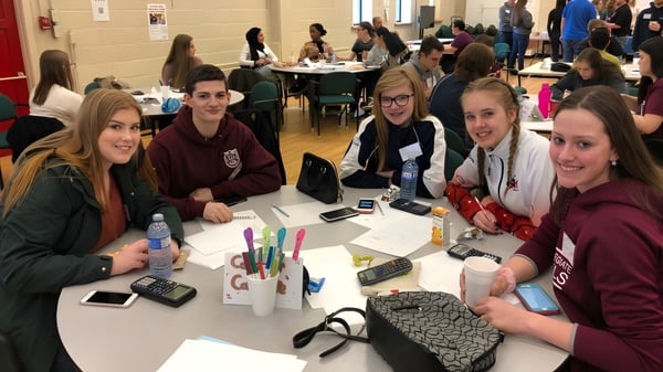 Eine Gruppe Schüler des Carbonear Collegiate High School arbeitet gemeinsam an einem Tisch in einer schulischen Umgebung.