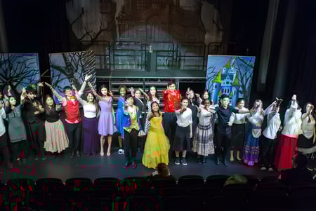 Eine Gruppe von Schülerinnen und Schülern des Cardiff Sixth Form College tritt in farbenfrohen Kostümen auf einer Bühne vor einer Waldkulisse auf.