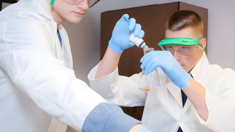 Zwei Schülerinnen in weißen Laborkitteln führen ein wissenschaftliches Experiment im Labor der CATS Academy Boston durch.