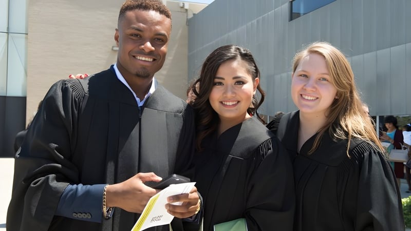Drei Absolventen in akademischen Roben feiern ihren Abschluss vor einem modernen Gebäude des Centennial Collegiate Vocational Institute.