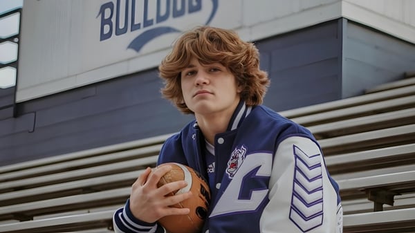 Ein Schüler der Centerville Senior High School steht mit einem Football vor einem Gebäude mit dem Schriftzug Bulldogs.