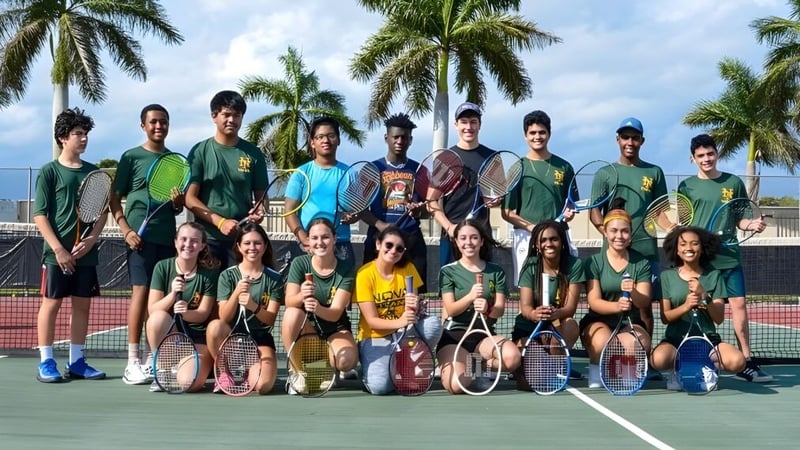 Eine Gruppe von Schülerinnen und Schülern posiert gemeinsam auf dem Tennisplatz der Central Christian School unter blauem Himmel und umgeben von Palmen.
