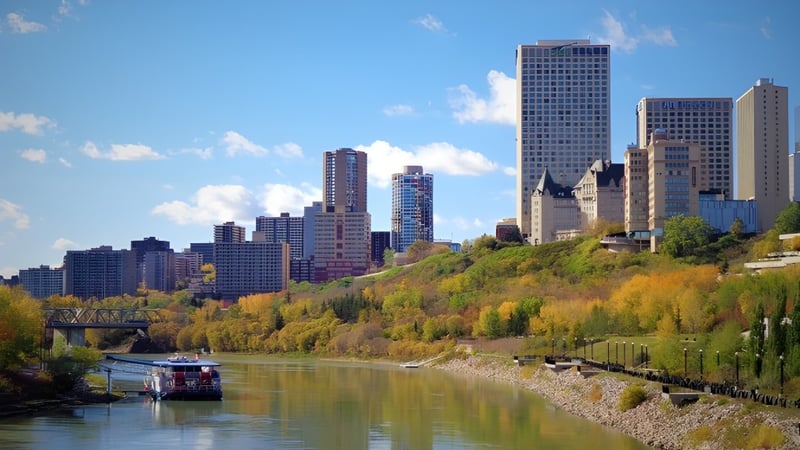 Blick auf die urbane Landschaft mit Fluss und Hochhäusern am Centre High Campus unter blauem Himmel.