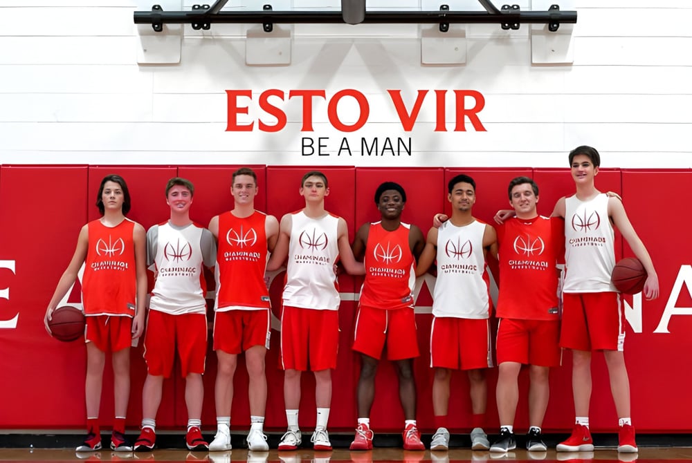 Die Basketballmannschaft der Chaminade College Preparatory School posiert gemeinsam vor einem roten Hintergrund mit dem Schriftzug ‚ESTO VIR BE A MAN‘.