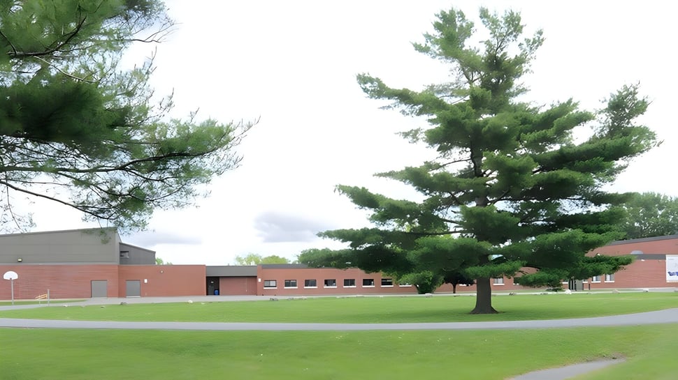 Eine Wiese mit einem großen Baum vor Backsteingebäuden auf dem Gelände der Char-Lan District High School.