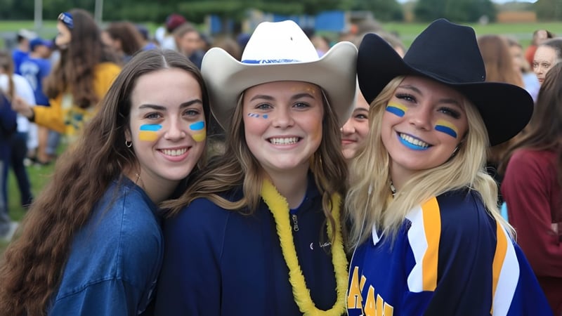 Eine Gruppe von Schülerinnen steht lachend im Freien auf dem Campus der Char-Lan District High School.