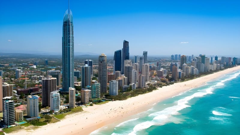 Luftaufnahme einer belebten Küstenstadt mit Hochhäusern und Sandstrand, aufgenommen in der Nähe von Charles Campbell College.