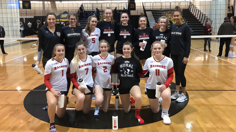 Eine Gruppe junger Basketballspielerinnen posiert auf dem Spielfeld der Charlottetown Rural High School.