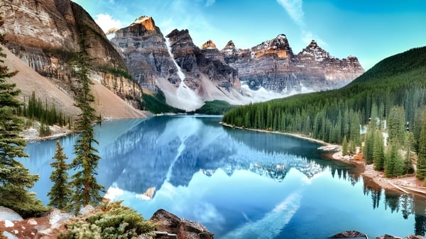 Ein ruhiger alpiner See mit schneebedeckten Bergen und grünem Wald ist in der Nähe der Chatelech Secondary School zu sehen.