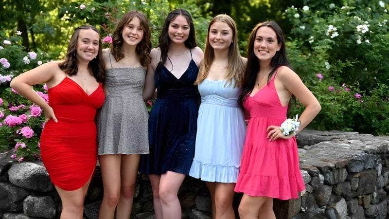Eine Gruppe von fünf Schülerinnen steht zusammen in einem blühenden Garten auf dem Campus der Chatham Hall School.