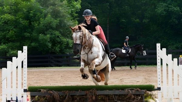 Eine Frau in Reitkleidung reitet auf dem Gelände der Chatham Hall School ein geschecktes Pferd über einen Sprung in einer Außenhalle.