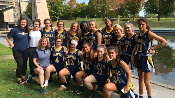 Eine Gruppe Schülerinnen der Chatham Kent Secondary School in Sportuniformen posiert zusammen im Freien vor Bäumen und einem Schulgebäude.