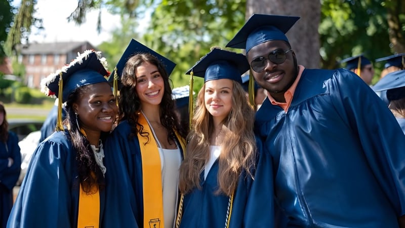 Eine Gruppe von Absolventinnen und Absolventen der Cheshire Academy in blauen Talaren steht gemeinsam in einem Park mit Bäumen und Gebäuden im Hintergrund.