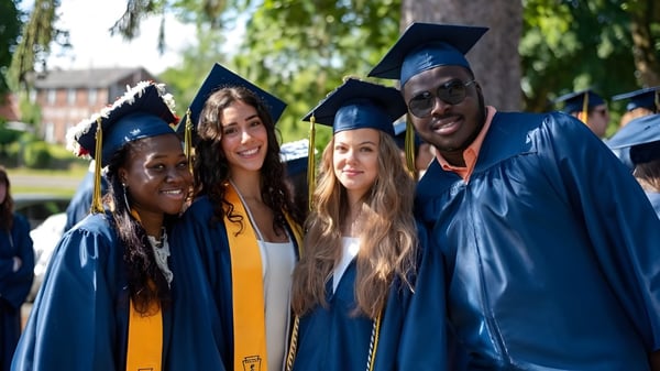 Eine Gruppe von Absolventinnen und Absolventen der Cheshire Academy in blauen Talaren steht gemeinsam in einem Park mit Bäumen und Gebäuden im Hintergrund.