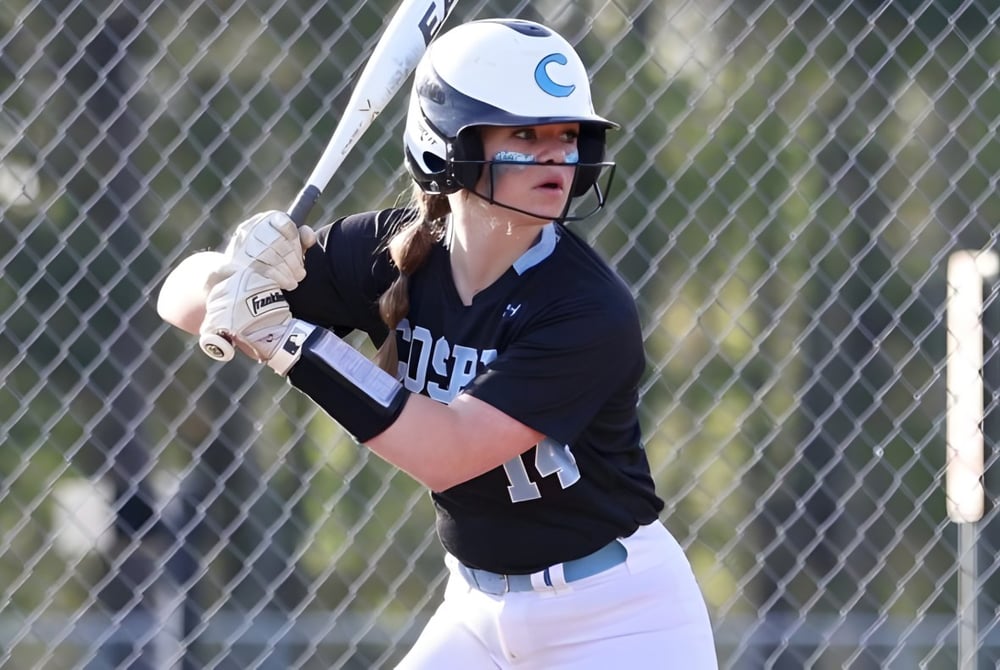 Ein Schüler des Chesterfield School District steht im Baseball-Uniform am Schlagmal mit einem Schläger in der Hand.