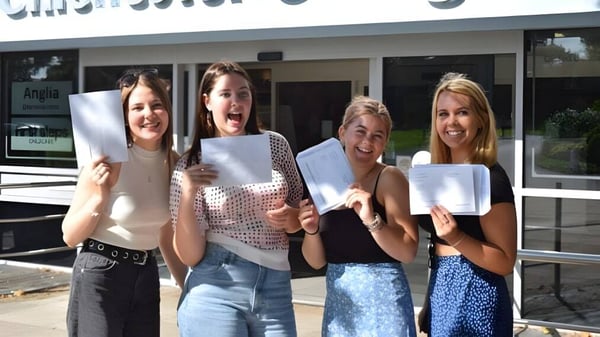 Vier Schülerinnen halten vor einem Gebäude des Chichester College Dokumente hoch.