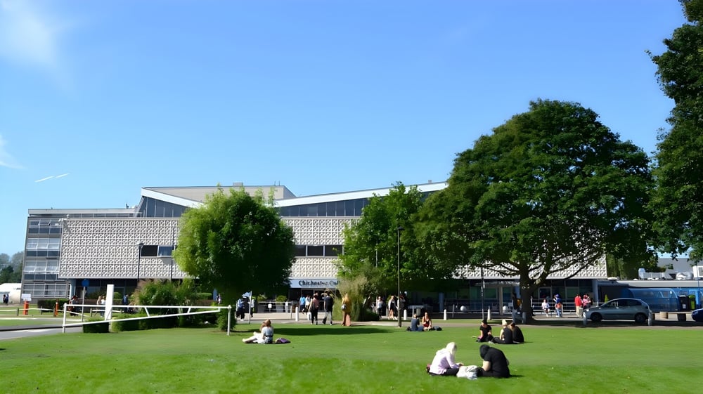 Menschen sitzen auf einer Wiese vor einem modernen Gebäude auf dem Campus des Chichester College.