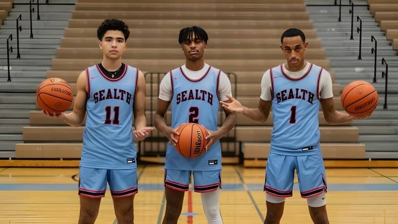 Drei Basketballschüler in hellblauen Trikots mit HEALTH-Schriftzug auf dem Spielfeld der Chief Sealth High School.
