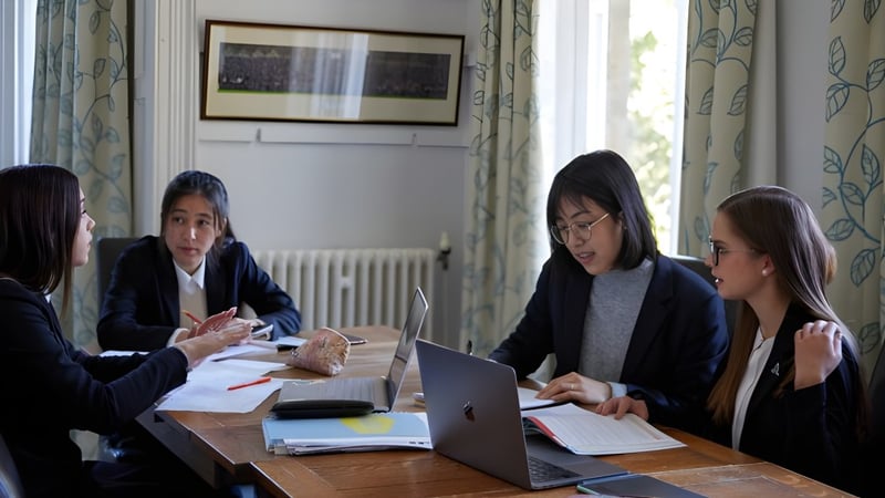 Eine Gruppe von Personen arbeitet gemeinsam an einem Laptop und Dokumenten in einem Besprechungsraum der Chigwell School.