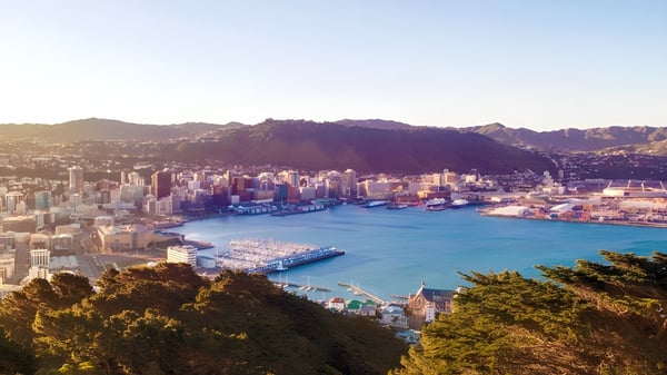 Blick auf den Hafen vor der Stadtlandschaft umgeben von grünen Hügeln nahe der Chilton Saint James School.