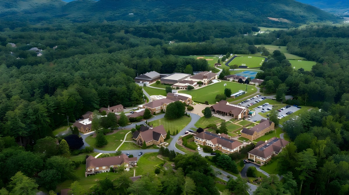 Eine malerische Dorflandschaft mit grünen Wäldern und Gebäuden auf dem Gelände der Christ School.