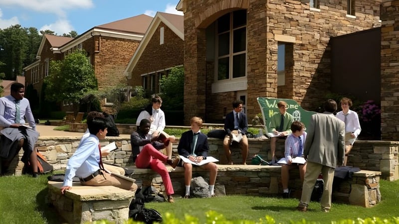Eine Gruppe aus Erwachsenen und Schülern steht auf Steintreppen vor dem großen Backsteingebäude der Christ School.