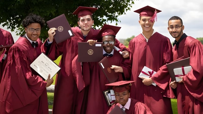 Absolventinnen und Absolventen der Church Farm School stehen gemeinsam im Freien und halten ihre Diplome.