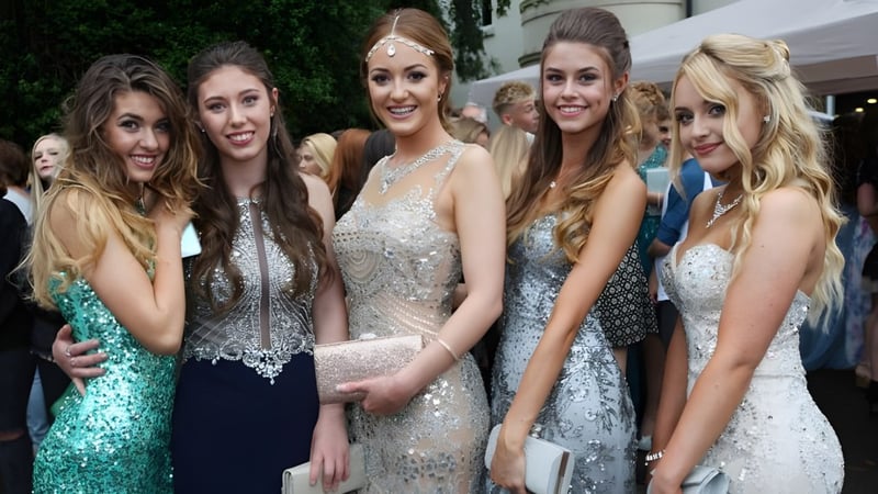 Eine Gruppe junger Frauen in formeller Kleidung posiert vor Gebäuden und Grünflächen auf dem Campus der City of London Freemen’s School.
