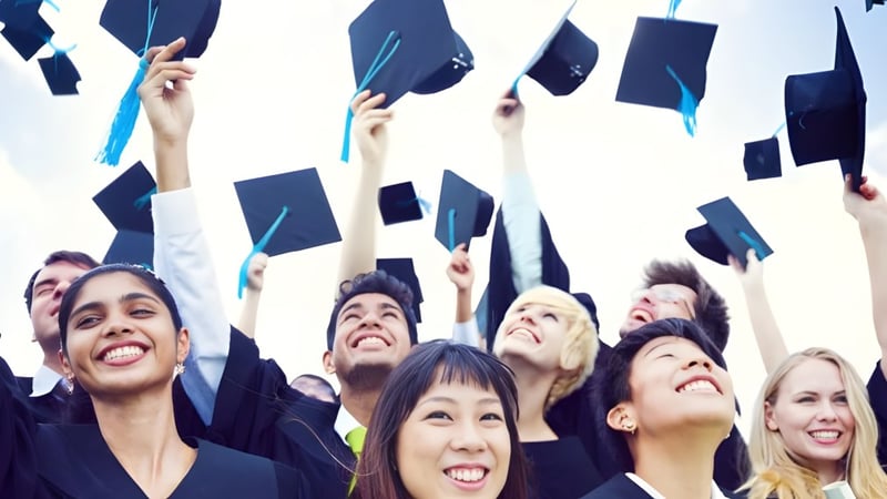 Eine Gruppe von Absolventen des Clarin College wirft ihre Abschlussmützen in den klaren Himmel.