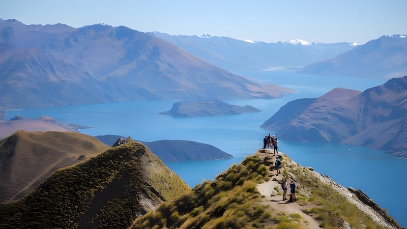 Eine Gruppe von Wanderern genießt die Aussicht auf Berge und See in der Landschaft des Classic Plus Programms.