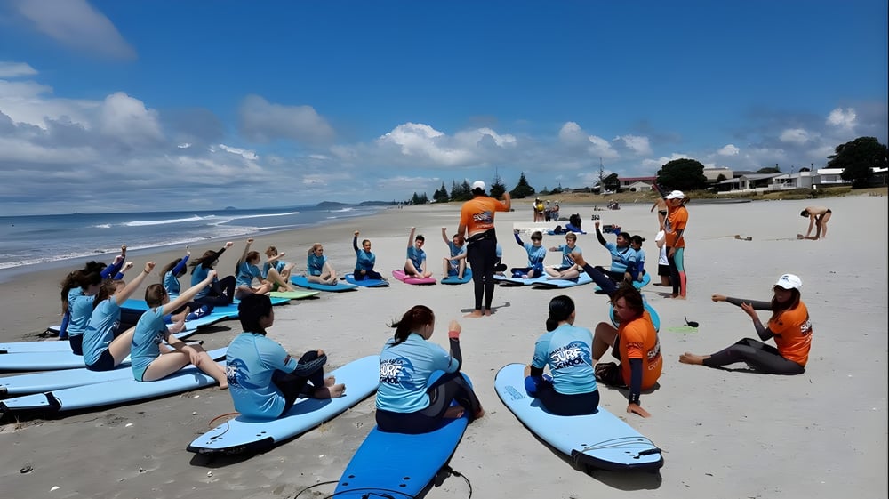 Eine Gruppe von Schülerinnen und Schülern des Classic Plus Programm steht mit Surfbrettern am Strand vor einer Küstenstadt.