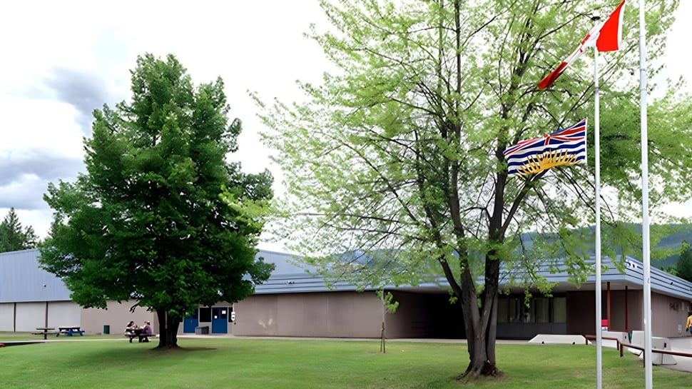 Grüner Bereich mit verschiedenen Bäumen und einem Gebäude im Hintergrund auf dem Campus der Clearwater Secondary School.