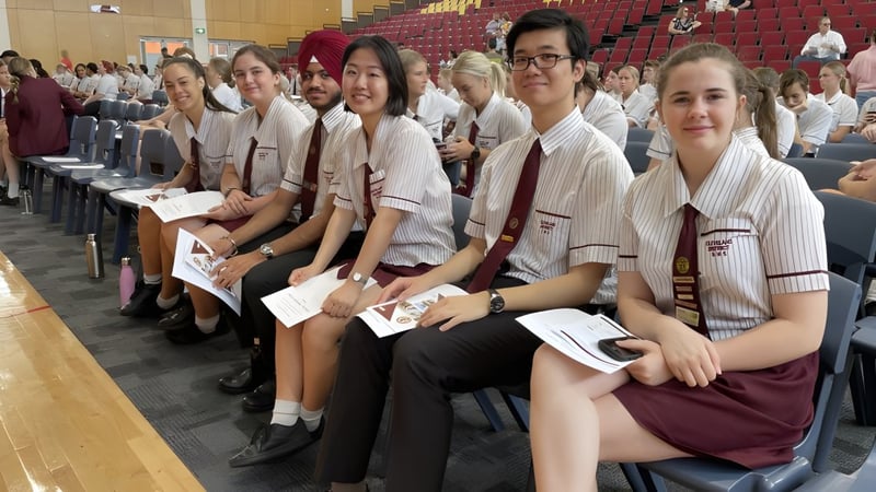 Eine Gruppe Schülerinnen der Cleveland District State High School sitzt in Reihen mit Blick auf eine Bühne und Zuschauerplätze im Hintergrund.