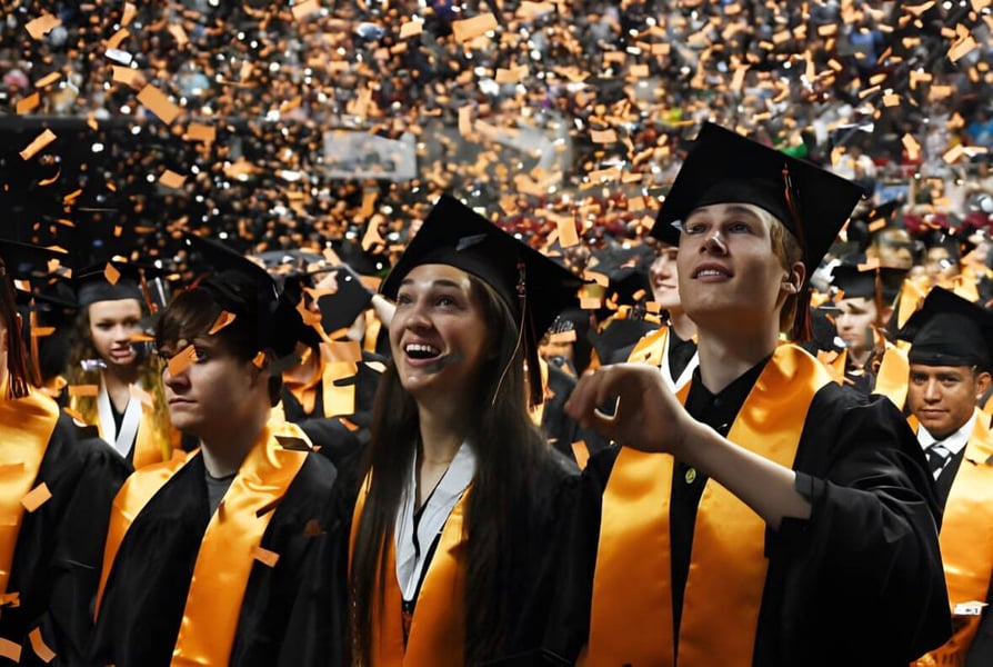 Absolventen der Coláiste an Chreagáin feiern ihren Abschluss mit gelben und schwarzen Talaren unter fallendem Konfetti.