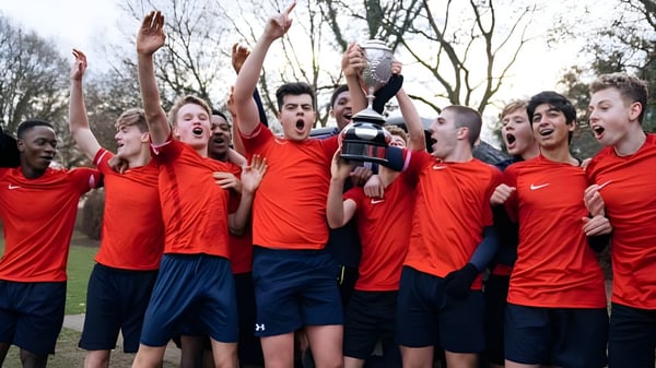 Eine Gruppe junger Fußballspieler feiert gemeinsam auf dem Sportplatz der Coláiste Chill Mhantáin.
