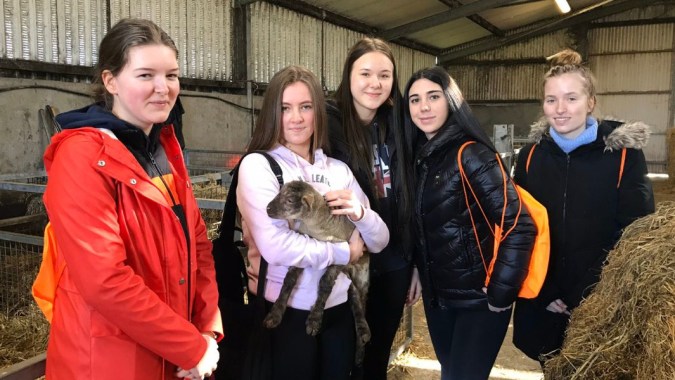 Schülerinnen der Colaiste Mhuire (Tourmakeady) stehen in winterlicher Kleidung in einer Halle mit einem Kaninchen im Vordergrund.