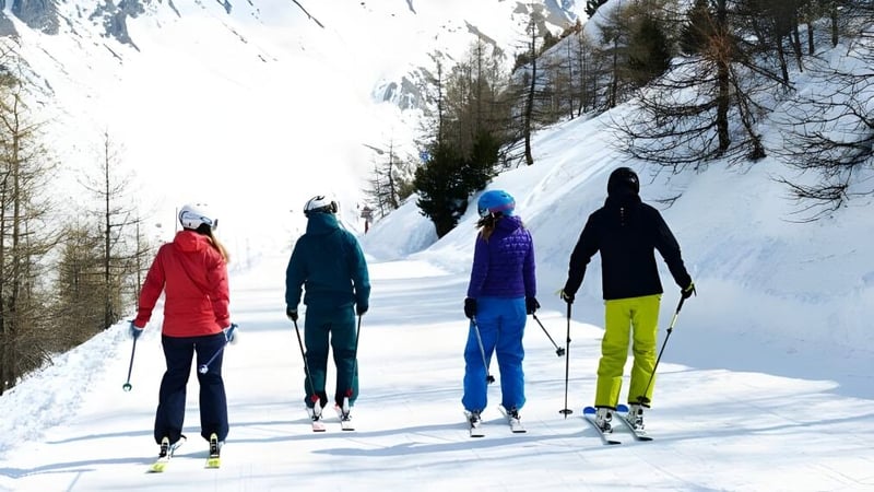 Schüler der Coláiste Muire Crosshaven beim Skifahren auf einem verschneiten Weg mit Tannenbäumen und Bergen.