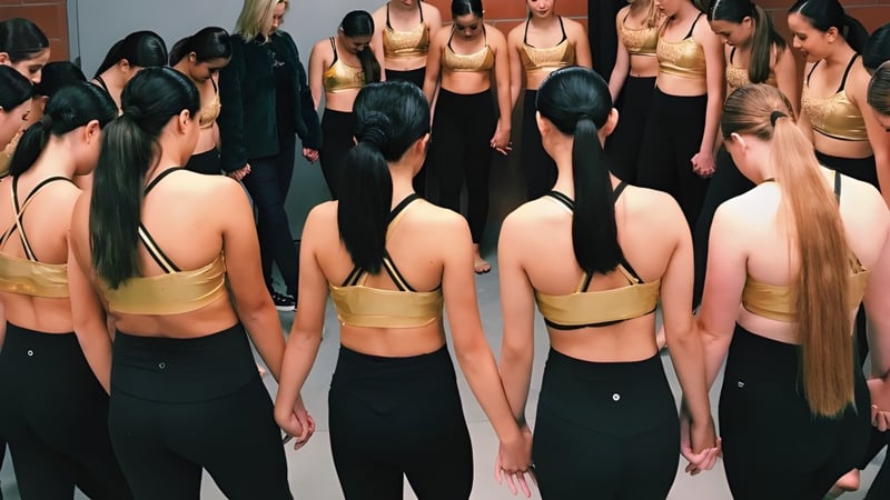 Eine Gruppe junger Frauen in schwarzer und goldener Sportkleidung steht auf dem Campus der Coláiste Naomh Cormac in einem Tanzstudio.