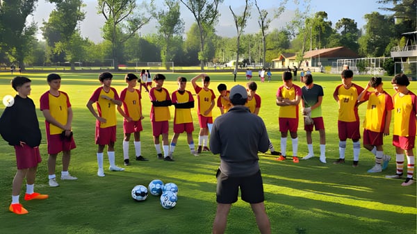 Eine Gruppe Schüler des Colegio San Gabriel steht beim Fußballtraining auf dem grünen Spielfeld mit dem Trainer vor ihnen.