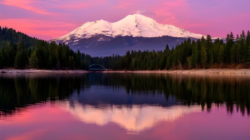 Ein ruhiger See mit einem kleinen Zelt im Vordergrund spiegelt die schneebedeckten Berge und den bunten Himmel auf dem Gelände der Collège Churchill High School wider.
