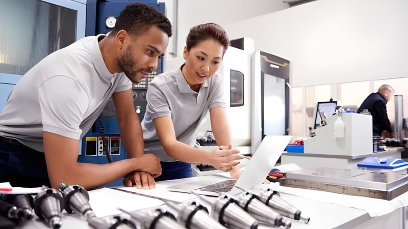 Zwei Personen arbeiten zusammen an einem Computer im Arbeitsraum des College of the Canyons.