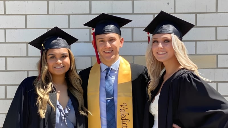 Drei Absolventinnen und Absolventen in Abschlusskleidung posieren vor einer Ziegelwand auf dem Campus des Collège Pierre-Elliott-Trudeau.
