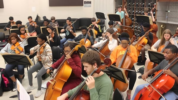 Eine große Gruppe von Schülern des Columba College spielt gemeinsam Streichinstrumente in einem Konzertsaal.