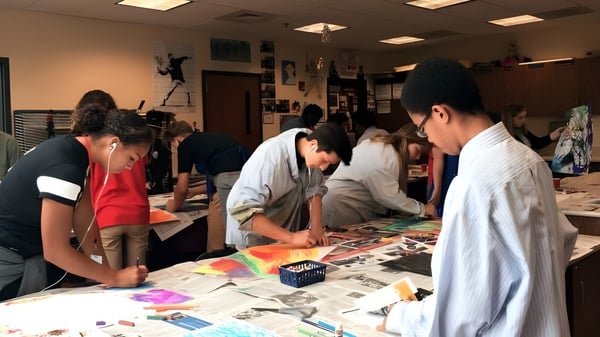 Eine Gruppe von Schülern arbeitet gemeinsam an einem Kunstprojekt im Workshop der Connecticut IB Academy.