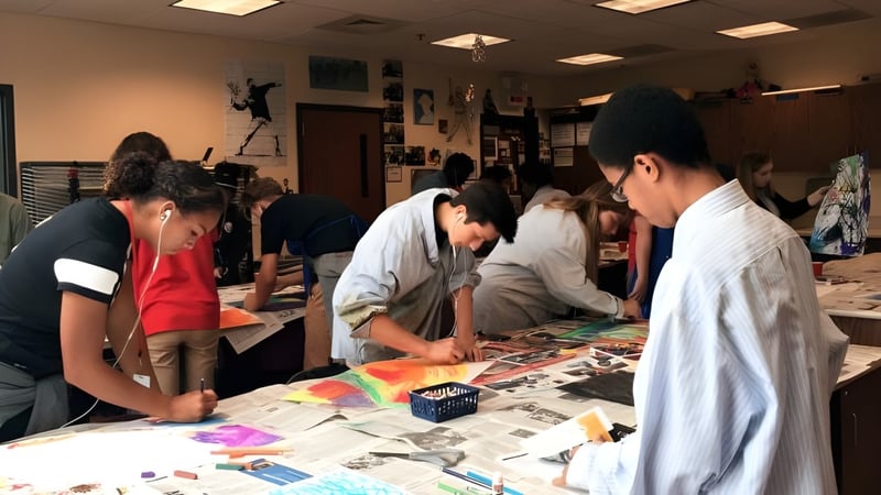 Eine Gruppe von Schülern arbeitet gemeinsam an einem Kunstprojekt im Workshop der Connecticut IB Academy.