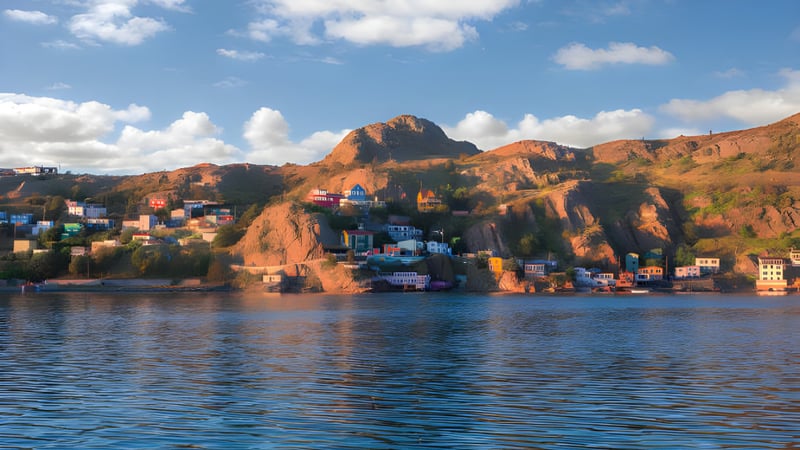 Blick auf die malerische Landschaft mit See und Bergen in der Nähe der Corner Brook Regional High School.